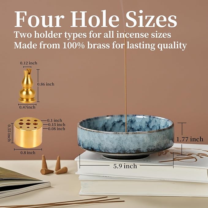 5.9" Ceramic Incense Holder with 10 Holes,5in1 Incense Tray for Sticks,Coil,Cone,Sage,Palo Santo,Handcrafted Burner Ash Catcher Smudge Bowl for Yoga Meditation Energy Cleansing Room Décor,Blue