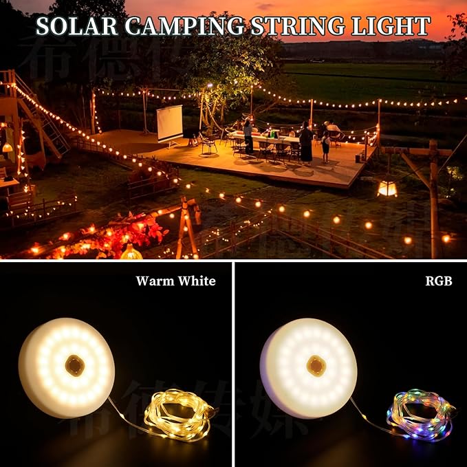Solar Camping Lights 130LEDs,33 FT Fairy Lightswith 13 Lighting,Portable Waterproof 4 in1 Camping Lantern,Retractable Christmas Twinkle Lights Design & Hooks for Outdoor Garden Party Essentials