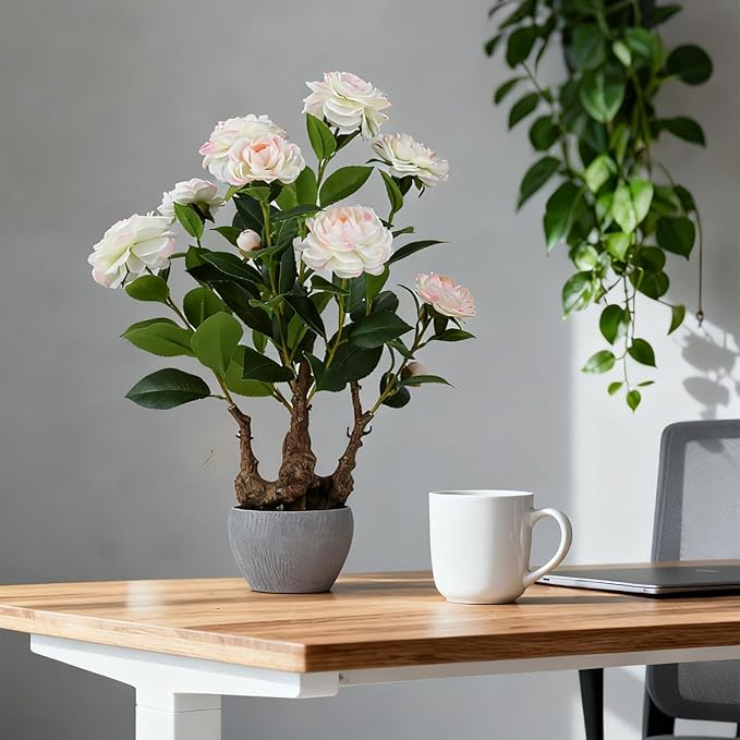 TOARTi Artificial Camellia Potted Plant with Stone Pot, 20.5" Tall Fake Potted Flowers Faux Plants Desk Plant, Realistic Decorative Plants Indoor Decor for for Home Bedroom Bathroom Office Desk