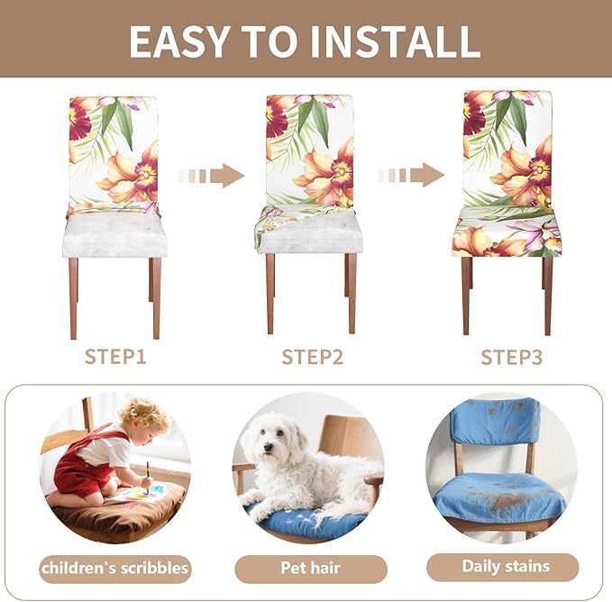 Stretch Dining Chair Covers Set of 4,Floral Print Chair Covers,Soft Removable Washable,Pet Friendly Furniture Protector,Universal Chair Slipcovers for Home, Kitchen,Ceremony Dining Room Seat