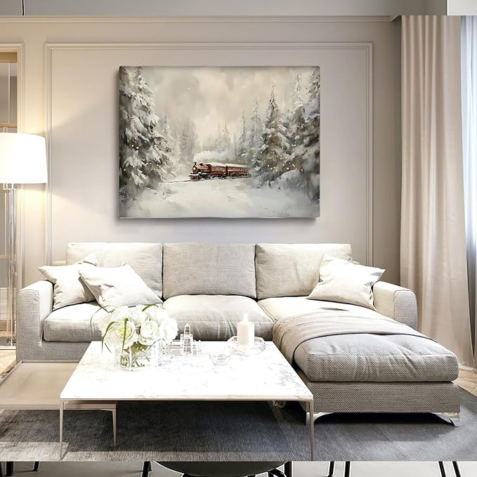 Rustic Farmhouse Christmas Train Scene - 24x36inch Framed Wall Art for Bedroom Office Decor