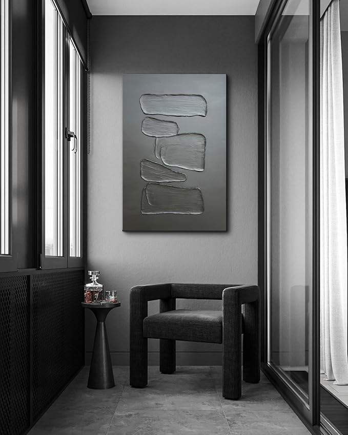 Creespi Hand-Painted Minimalist Black Textured Wall Art 24x36 inch,Modern Abstract Oil Painting On Canvas for Wall Décor