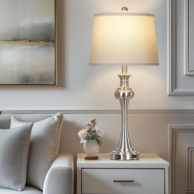 28.75" Silver Table Lamps for Living Room,Touch Lamps for Bedrooms Set of 2 - Nightstand Table Lamp with USB C+A, 3 Way Dimmable Bedside Lamps End Tables Brushed Nickel