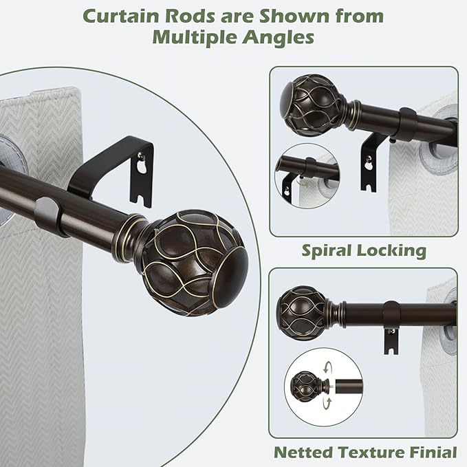 Bronze Curtain Rods for Windows:Farmhouse Boho Decorative Curtain Rod for Bedroom Living Room,Heavy Duty Adjustable Rustic Drapery Rods Set with Vintage Coastal Finials,Antique Bronze 72-144"