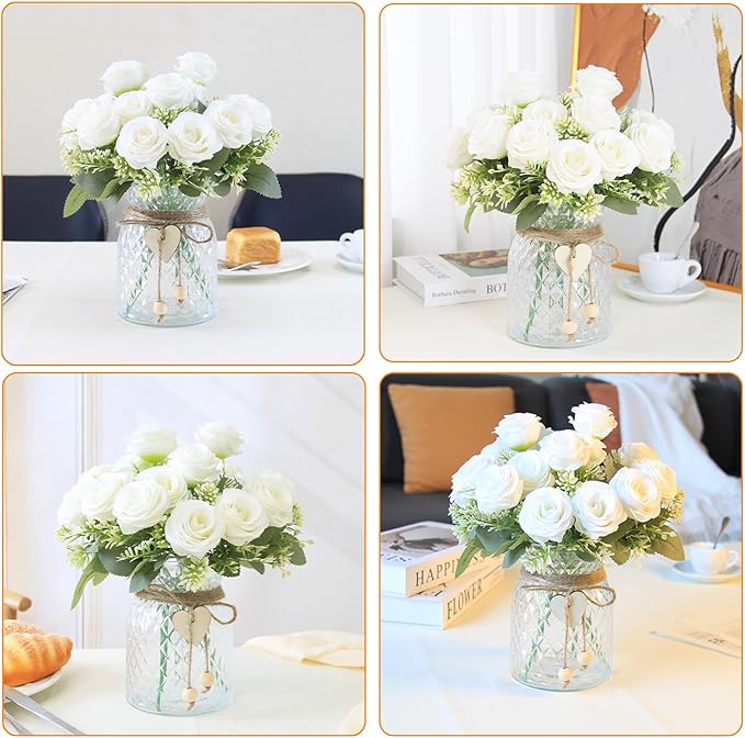 Faux Flowers in Vase,Fake Flowers in Vase 18 Pcs Faux Rose Flowers,Artificial Flowers for Home Decor, Indoor Centerpiece for Living Room & Dining Table (White)
