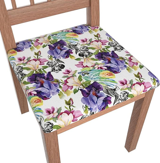 Stretch Dining Chair Seat Covers Set of 8,Dining Chair Slipcovers, Floral Printed Chair Covers,Soft Fabric Washable Upholstered Chair Seat Protector, No Rear Covers for Home Kitchen Dining Room