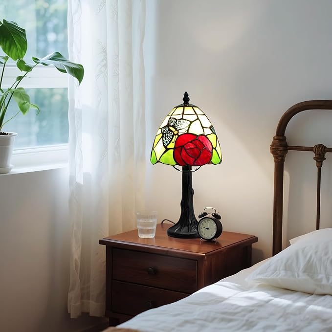 Tiffany Style Table Lamp - Antique Butterfly & Rose Stained Glass Design Desk Lamps Antique 6 Inch Small Tiffany Lamp Bedside Table Lamps for Bedroom Living Room Office Desk Light(Bulb Included)