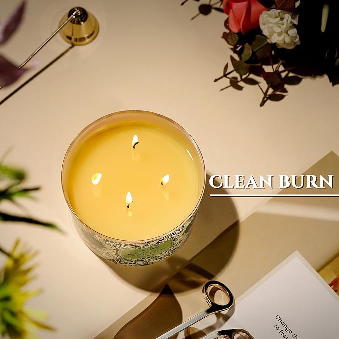 HomeLights Soy Wax Candles for Home Scented, 4-Wick Candles in English Pear & Suede Scented, Aromatherapy Candles Gift for Parties, Relaxing, Bohemian Natural Textures, 18oz