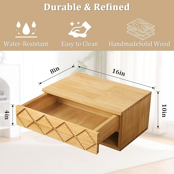 Floating Nightstand, Wall Mounted Bedside Bedroom with Drawer Nightstand, Small Floating Shelves, Floating Wood Bedside Table for Living Room Bathroom Natural 16”x 10”x 8”