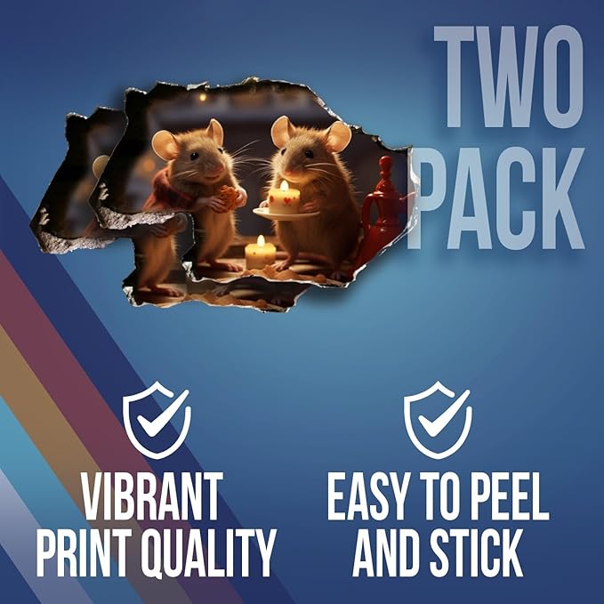 Mouse Hole in Wall Two Mice Around Candle Sticker - Funny Hole in Wall 3D Prank Peel and Stick Sticker Decal - Premium Quality Vinyl Stickers 2-Pack | 5-Inch on Widest Side | Made in USA FHJ1390