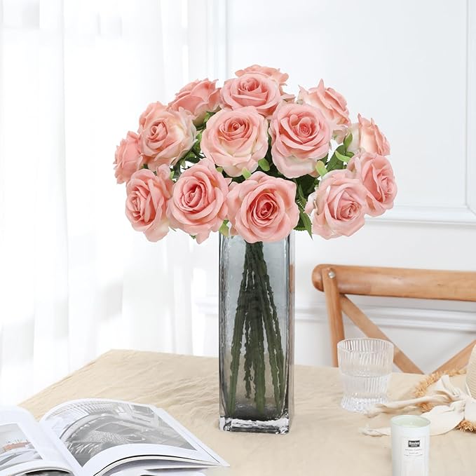 Nubry Artificial Silk Rose Flower Bouquet Lifelike Fake Rose for Wedding Home Party Decoration Event Gift 10pcs (Gradient Light Pink)