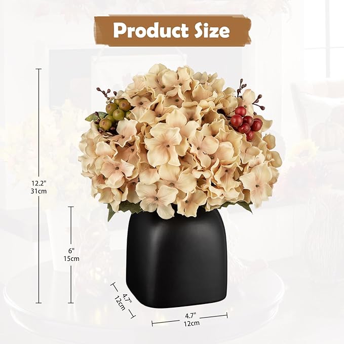 Briful Hydrangea Artificial Flowers in Black Square Ceramic Pot, Beige Silk Hydrangea Flowers Realistic Potted Fake Flowers with Berries for Home Decor Indoor Wedding Table Centerpieces