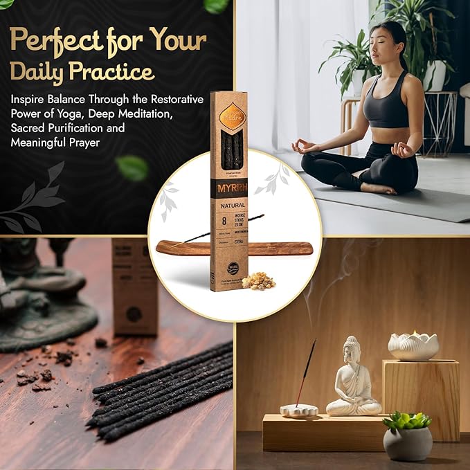 Sagrada Madre - 8 Natural Myrrh Incense Sticks, (9" Each) - Handmade with Myrrh Resin Organic, Natural Carbon & Salt for Purification, Healing & Space Cleansing Aromatherapy - 1 Hour Burn Time