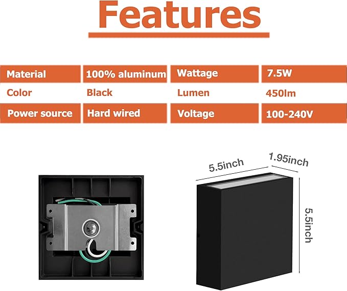 Modern LED Wall Sconce Outdoor Up Down Wall Lamp, Black Aluminum Waterproof Wall Lights Exterior Light Fixtures 450LM 3000K Hallway Wall Lighting for Porch Front Door Garden Yard Patio