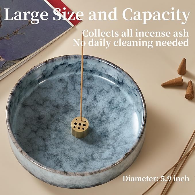 5.9" Ceramic Incense Holder with 10 Holes,5in1 Incense Tray for Sticks,Coil,Cone,Sage,Palo Santo,Handcrafted Burner Ash Catcher Smudge Bowl for Yoga Meditation Energy Cleansing Room Décor,Blue