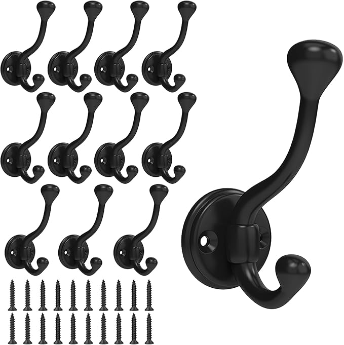 12 Pack Wall Hooks for Hanging, Heavy Duty Coat Hook Wall Mount, Easy to Install Metal Closet Hooks, Apply to Bathrooms, Bedrooms, Living Rooms, Entrances (Black)