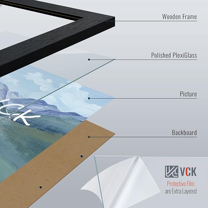 VCK 12x18 Poster Frame Set of 4 - Black, Gallery-Quality Wood Picture Frames, 1.1-Inch Wide Border, Polished Plexiglass, Vertical or Horizontal Wall Display for Photo/Art/Prints, Black