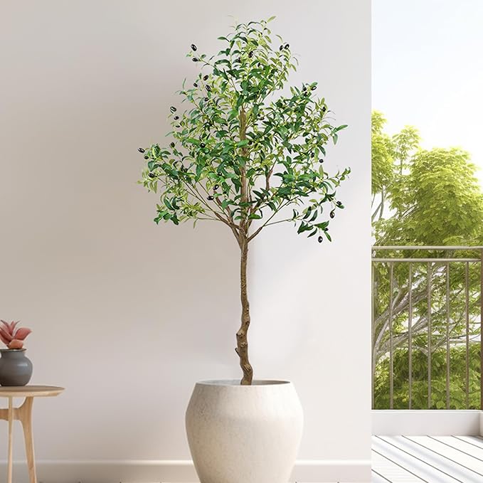 ANTING Artificial Olive Tree, 6FT Tall Faux Olive Tree with Pot, 72in Artificial Plants Indoor Silk Plants with Realistic Trunk,1150 Leaves and Lifelike 44 Fruits for Home Office Decor Outdoor（1pack）