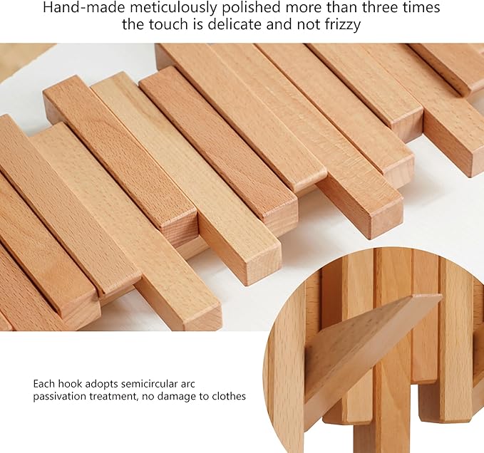 Wooden Coat Rack Wall Mounted Sticks Multi Rack Solid Handmade Natural Beech Wood Artwork with 5 Flip-Down Unique Modern Hooks for Coats Bag Hat Umbrella