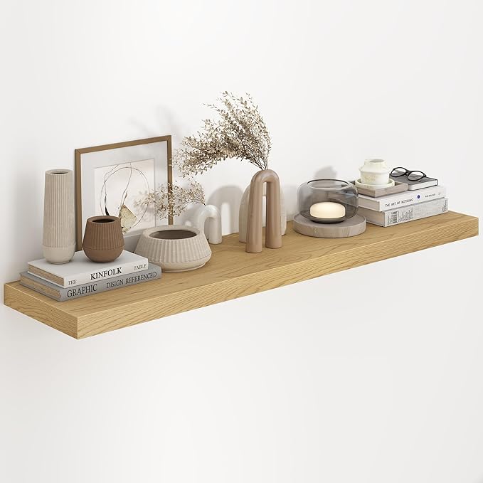 Fun Memories 48 Inch Floating Shelves, 9.3 Inch Deep Wall Shelves for Bathroom, Living Room, Bedroom, Kitchen, Deep Long Shelf Wall Mounted 1 Pack Shelf for Books, Decor, Oak