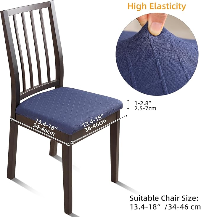 Fuloon Waterproof Seat Cushion Covers 6 PCS, Stretch Jacquard Chair Seat Covers Washable Dining Room Chair Slipcovers Removable Kitchen Cushion Protector (6, Waterproof-Navy Blue)