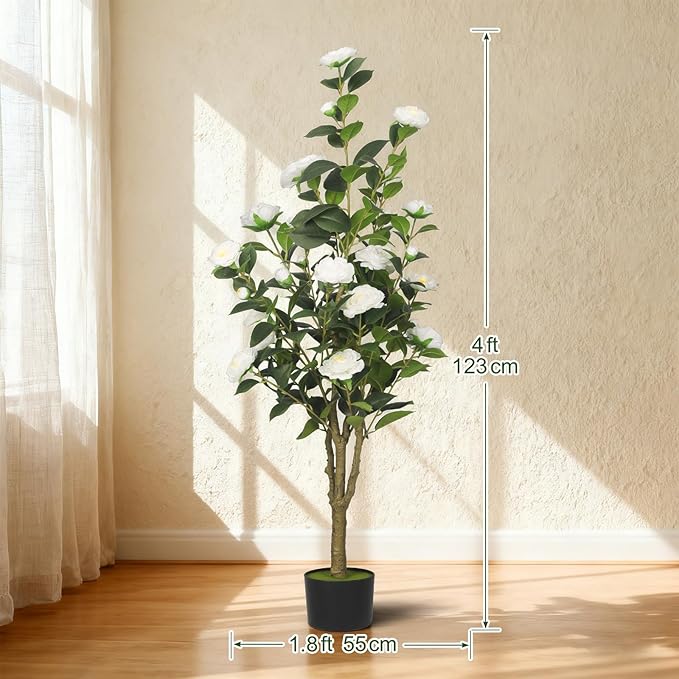 2-Pack 4FT Artificial Camellia Tree,Realistic Fake Potted Plants with Flowers&Planters,Indoor/Outdoor Faux Flowering Trees for Home,Office,Porch,Wedding,and Housewarming Gift Decor,White