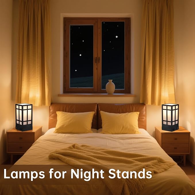 Beside Table Lamp set of 2 with AC Outlet, USB A & C Charging Port,Small Rectangular Nightstand Lamp with Bamboo Linen Shade,LED Bulbs Included,Tabletop Reading Lamp for Living Room/Dorm/Office