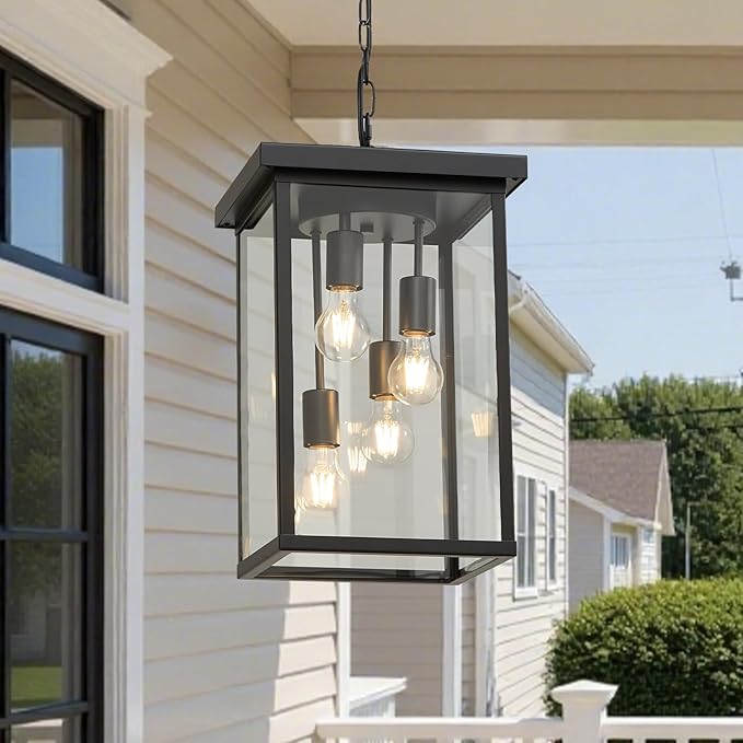 LOUSACE 16.7'' Black Outdoor Pendant Light 4-Light Large Outside Pendant Porch Lights Ceiling Haninging Outdoor Chandelier with Clear Glass Exterior Light Fixtures Lantern for Front Door Foyer Doorway