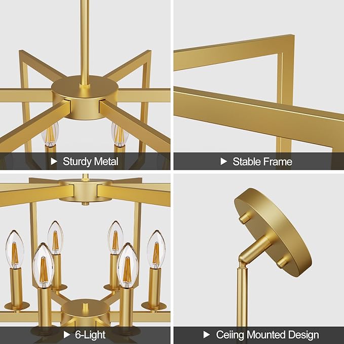 Modern Gold Chandelier, 6-Light Geometric Dining Room Light Fixture, Industrial Pendant Lights Kitchen Island, Hanging Metal Farmhouse Chandelier for Bedroom, Entryway, Foyer, Kitchen, Living Room