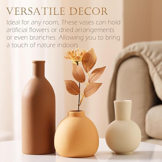 Ceramic Vase Set of 3 - Handcrafted Ceramic Vases for Home Decor & Shelf - Modern Farmhouse Decor for Kitchen, Office, Bedroom & Living Room Decorative Objects for Mantel, Table Centerpieces