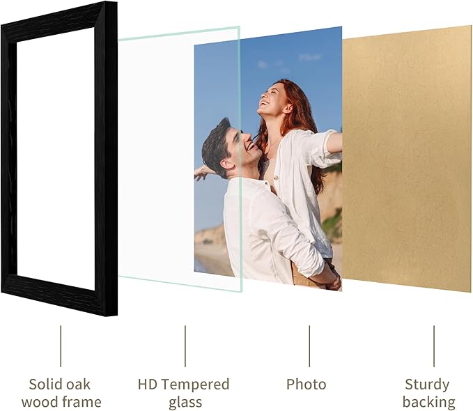 8.5x11 Picture Frame - 8.5 x 11 Photo Frame Made of Solid Oak Wood and Real Glass,Display Picture 2 Opening 5x7 with Mat or 8.5x11 Without Mat for Wall & Tabletop(Color Black)