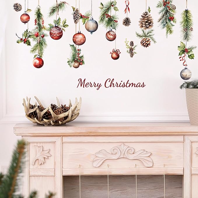 Christmas Wall Decals Winter Pine Cones Colorful Balls Removable Vinyl Waterproof Decorations Window Clings Stickers for Kid Room Bedroom Home Party Decor