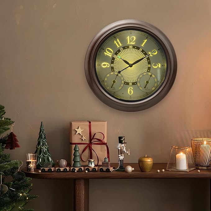 Illuminated Large Metal Outdoor Clocks Waterproof 18 Inches With AI Auto Light Smart Sensor,Extra Big Indoor Outdoor Wall Clocks With Thermometer & Hygrometer for Patio, Pool, Garden,Porch