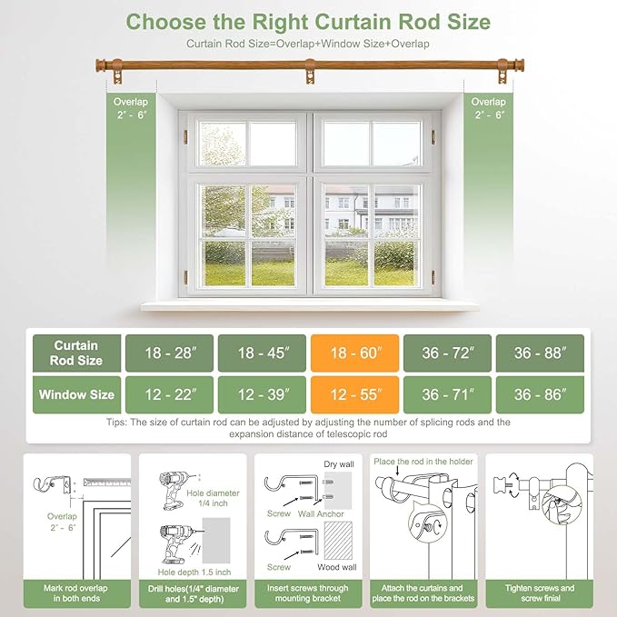 Sturdy Durable Curtain Rod:Faux Wood Curtain Rods for Windows 18-60",Adjustable Heavy Duty Curtains Rod for Bedroom/Kitchen/Apartment/Door,Small Decorative Farmhouse Boho Drapery Rods,All-Metal