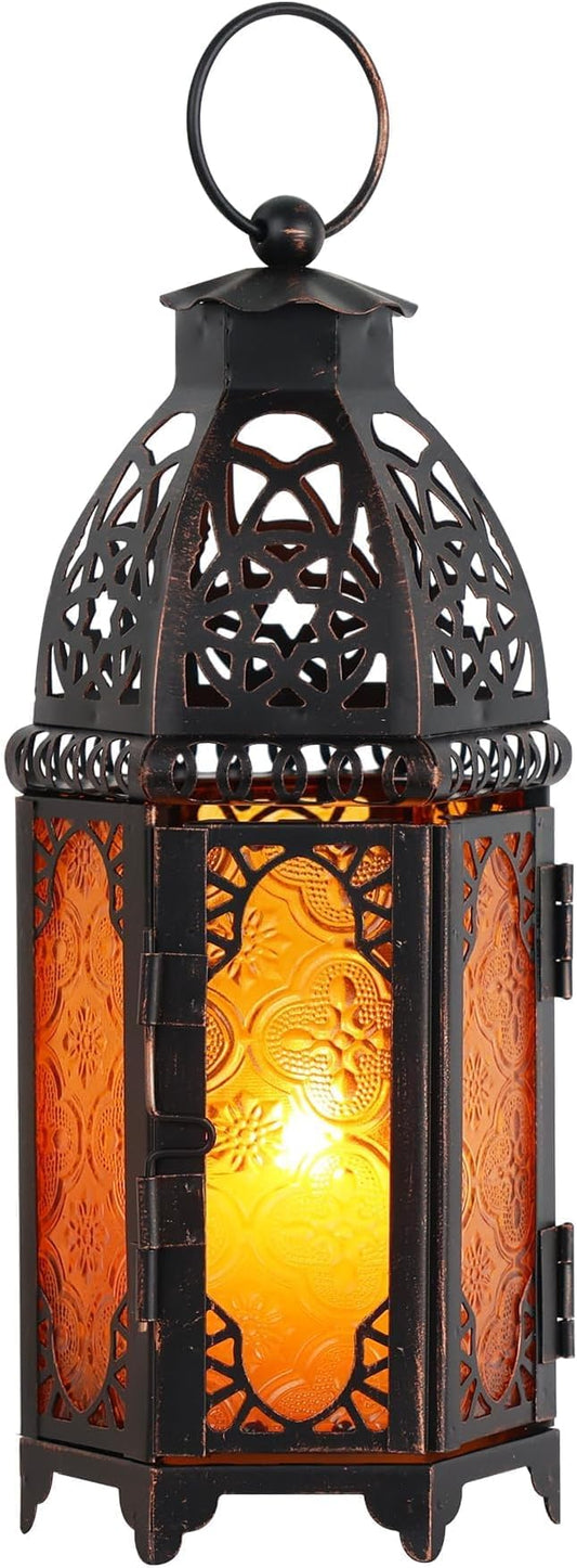 DECORKEY Moroccan Lanterns Decorative Indoor & Outdoor, 11’’ Medium Size Vintage Metal Hanging&Tabletop Candle Holder Decor, Halloween Christmas Ramadan Decorations for Home Porch Patio (Amber)