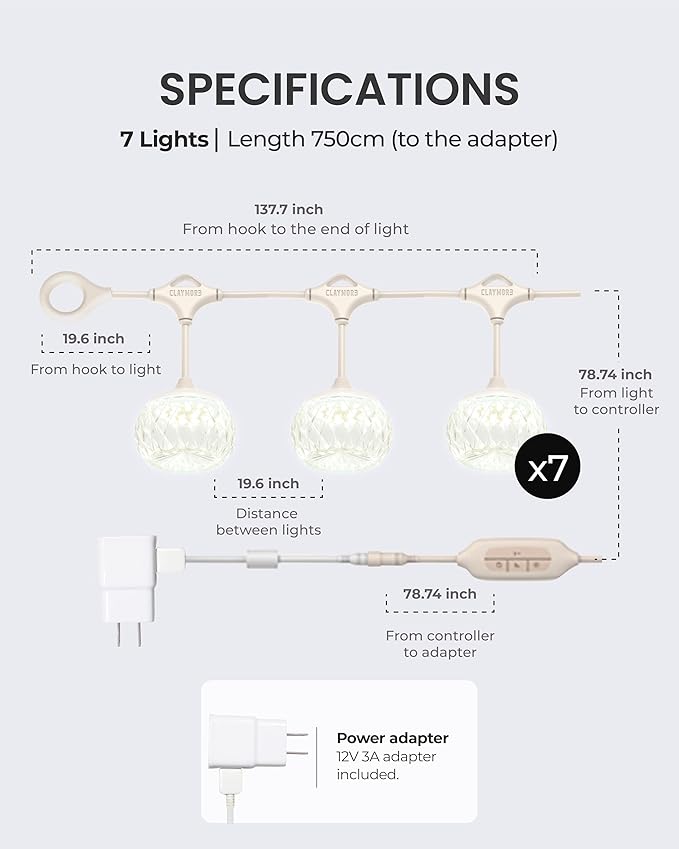 Claymore Cadena 7 String Lights - LED Outdoor String Lights for Halloween Decorations, Camping, Glamping, Backyard Parties, Events & Garden Decor. 4 Color Temperatures.