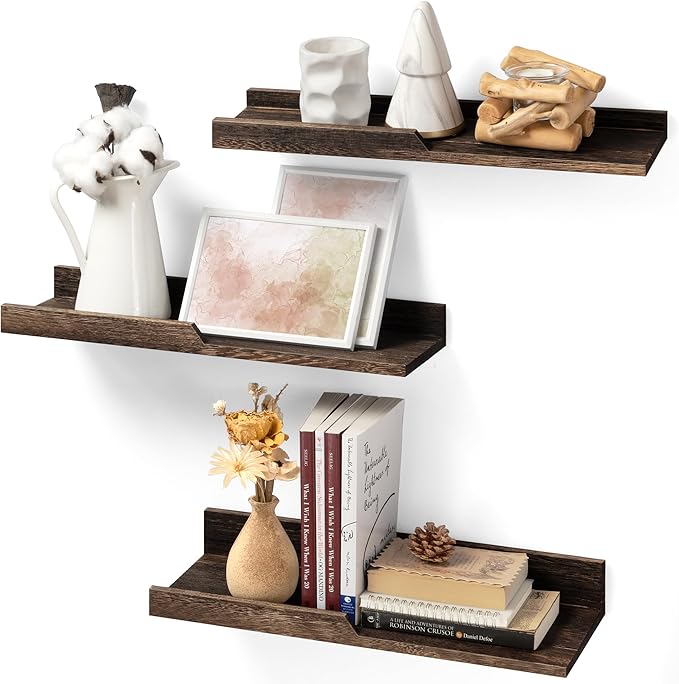 Rebee Vision Rustic Floating Shelves Set of 3 : Farmhouse Wood Bathroom Decor Wall Mounted for Display Storage and Small Hanging Shelf for Bedroom, Laundry Room, Kitchen, Office (Carbonized Brown)