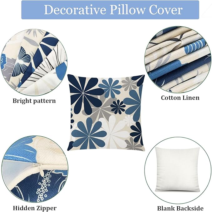 Blue White Pillow Covers 20x20 Set of 6, Daisy Flower Throw Pillow Cover Case, Modern Floral Couch Pillow Cover for Sofa Living Room Farmhouse Home Decor