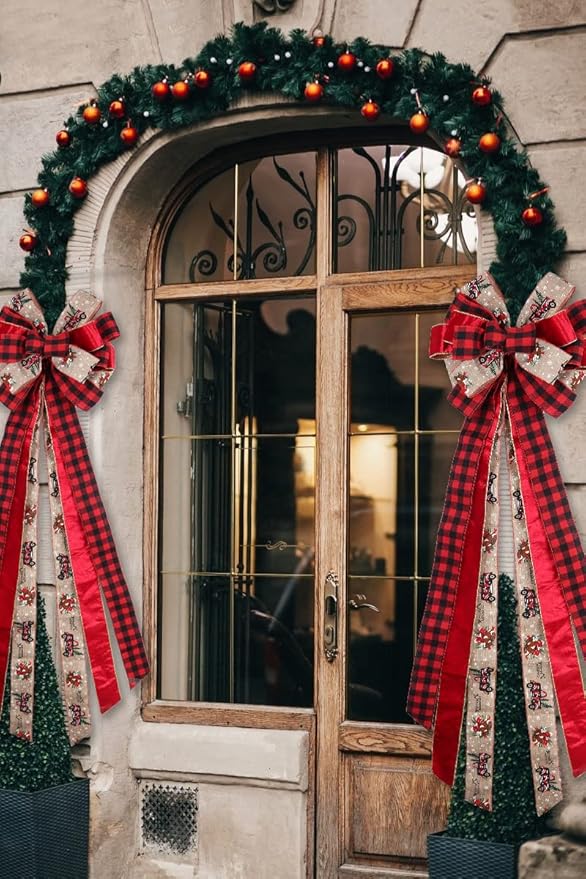 RECUTMS Red Christmas Bows 56.7x13 inches Christmas Tree Topper Bows Large Handmade Burlap Bow with Xmas Patterns Christmas Wreath Decoration for Indoor Outdoor Xmas Party Home Holiday Winter