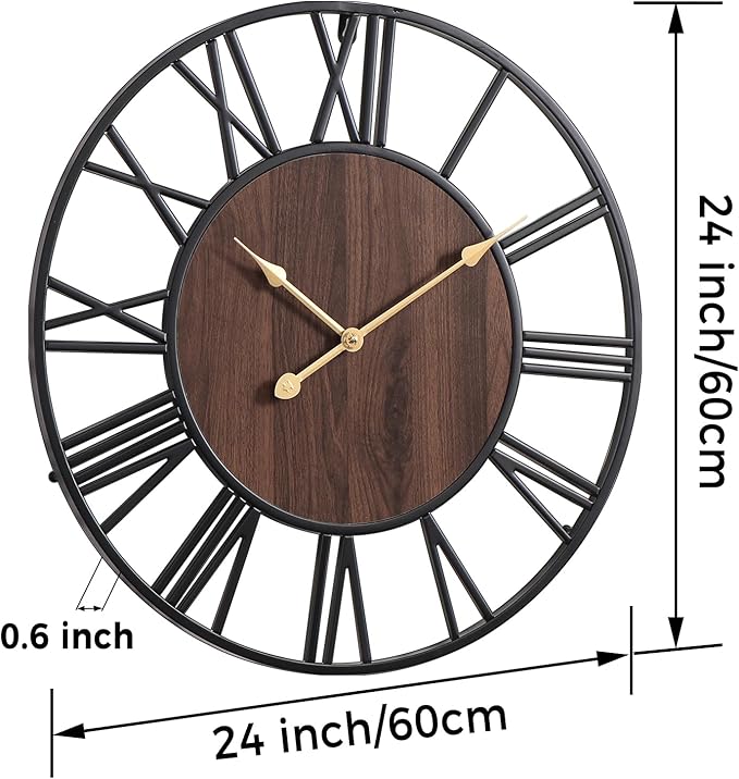 Vantic 24 Inch Large Wall Clock, Roman Numeral Wood Oversized Wall Clocks for Living Room Decor, Farmhouse, Bedroom and Kitchen, Completely Silent, Non Ticking, Battery Operated