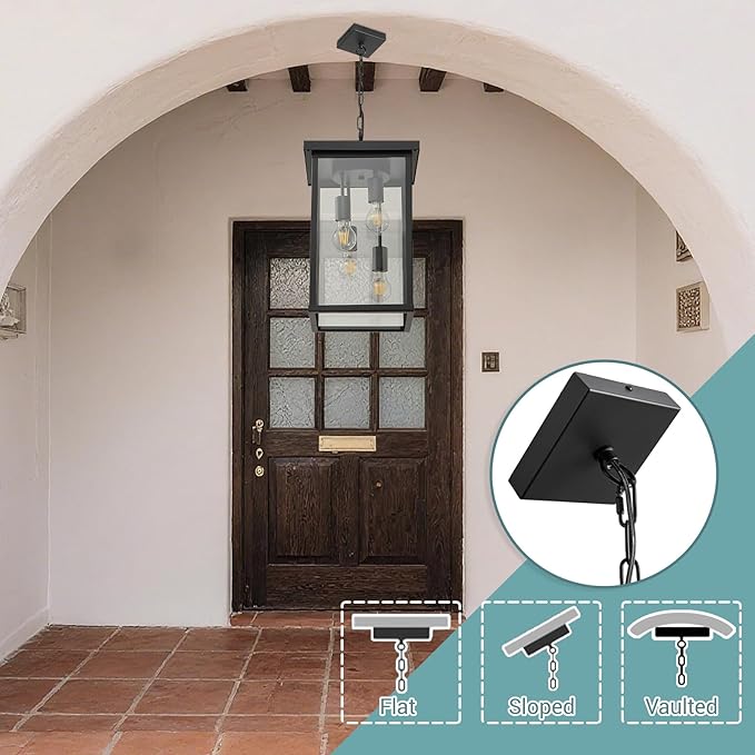 LOUSACE 16.7'' Black Outdoor Pendant Light 4-Light Large Outside Pendant Porch Lights Ceiling Haninging Outdoor Chandelier with Clear Glass Exterior Light Fixtures Lantern for Front Door Foyer Doorway