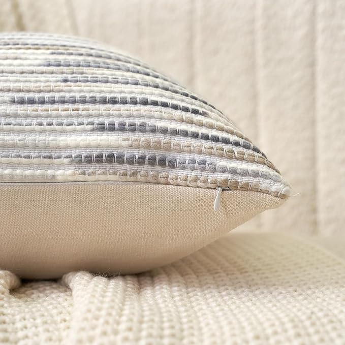 Aeckself Boho Striped Pillow Cover 12x20, Rectangle Decorative Lumbar Throw Pillow Cover Chenille Neutral Pillowcase for Couch Bedroom Living Room, Gray White