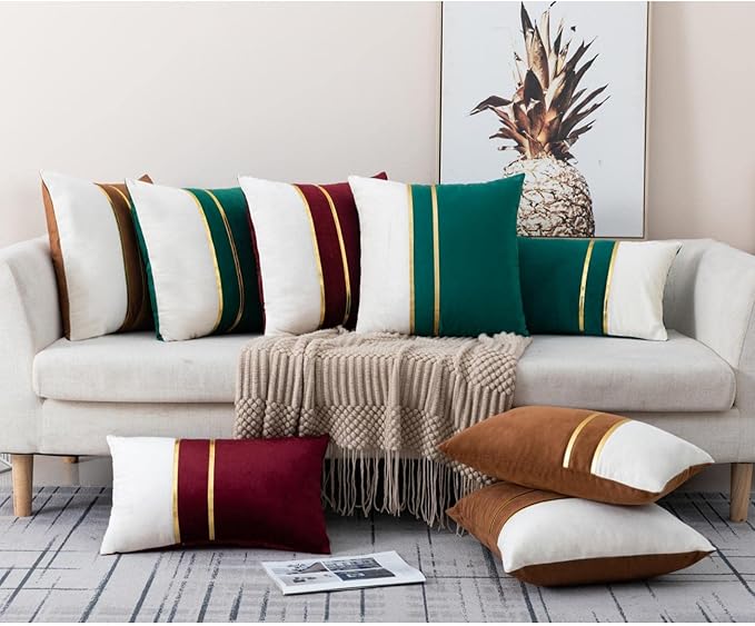 ZLINA Set of 2 Velvet Decorative Throw Pillow Covers Black White Patchwork with Gold Leather Pillow Covers 18 × 18 Inch Cushion Covers Decor Living Room Sofa Bedroom Car