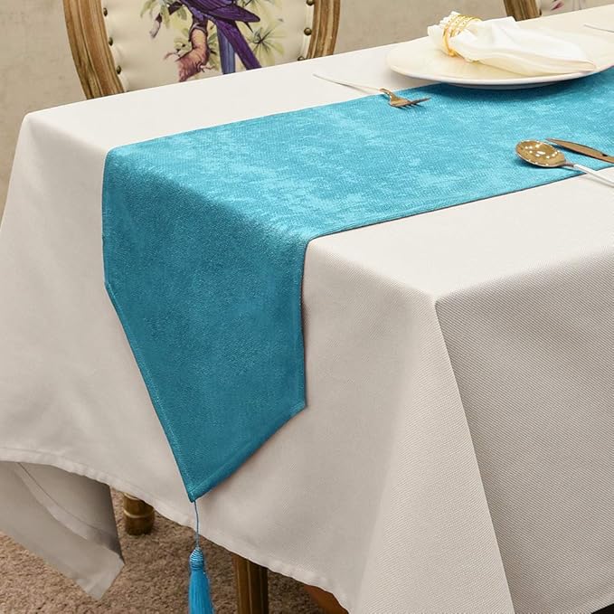 BALCONY & FALCON Lake Blue Table Runner Lustrous Linen 14"x71" Water Resistant Washable Vintage Rustic Tassels Runner for Table, Dining, Party, Wedding, Birthday, Easter, Thanksgiving, Christmas Décor