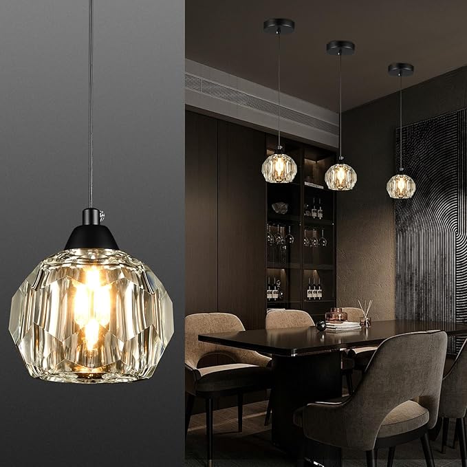 Crystal Chandeliers for Dining Room Lights Fixture Over Table, 1-Light Black Modern Pendant Light Fixture，Crystal Pendant Lighting for Kitchen Island Bathroom Bar