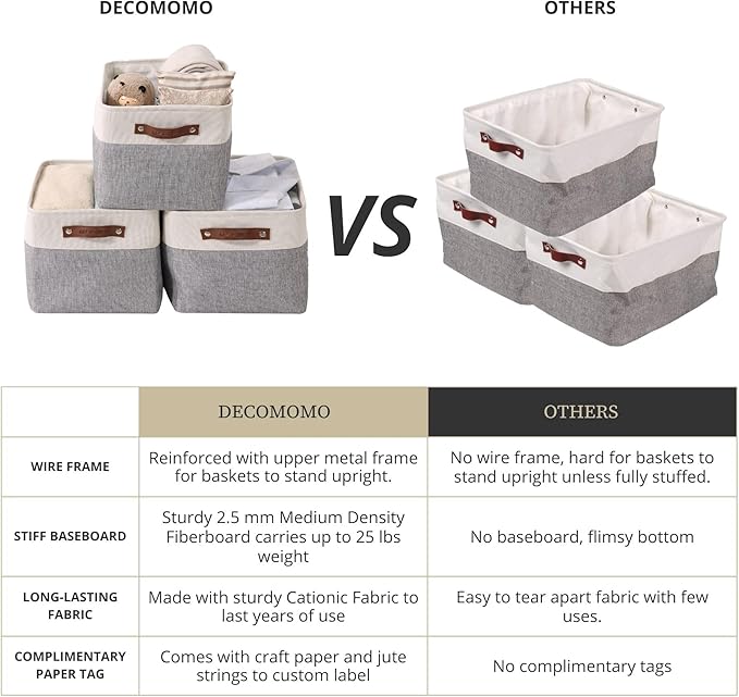 DECOMOMO Fabric Storage Baskets, Linen Closet Organizer Bins with Handles (White, Large - 3 Pack)