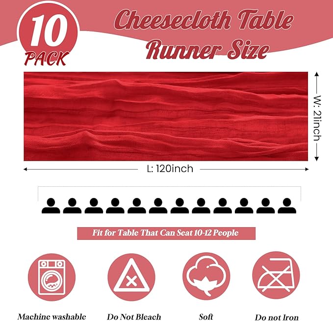 10 Pack Red Cheesecloth Table Runner,10FT/120 Inch Boho Gauze Fabric Table Runner,Rustic Sheer Red Cheese Cloth Runner Bulk for Wedding,Bridal Baby Shower,Christmas Party,Holiday Home Table Decor