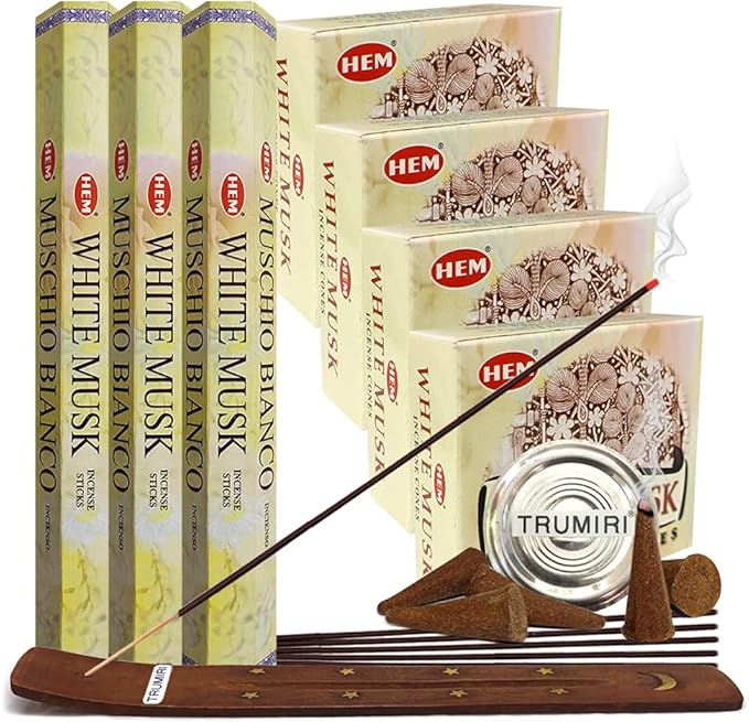 TRUMIRI White Musk Incense Sticks and Cone Incense Holder Variety Pack Bundle
