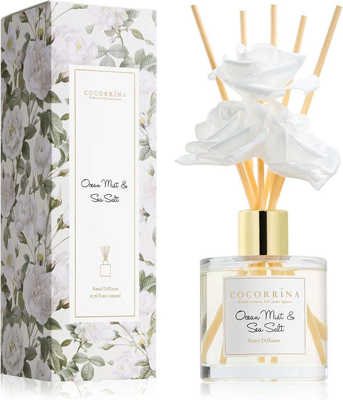 Cocorrína Reed Diffuser Set,6.7oz (200ml) Ocean Mist & Sea Salt Scented Diffuser with 3 White Rose Foam Flowers & Cotton Sticks, Home Fragrance Reed Diffuser for Bathroom Shelf Decor