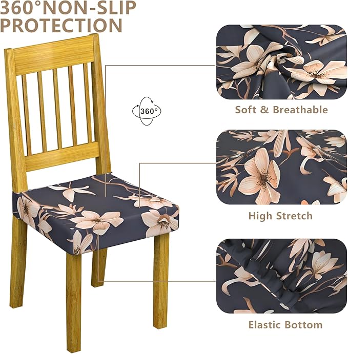 Stretch Dining Chair Seat Covers Set of 6,Dining Chair Slipcovers, Floral Printed Chair Covers,Soft Fabric Washable Upholstered Chair Seat Protector, No Rear Covers for Home Kitchen Dining Room